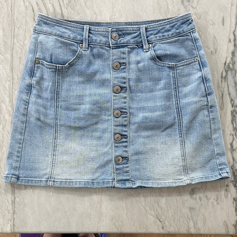 American Eagle Outfitters Hi-Rise A-Line Light Blue Button Up Denim Skirt